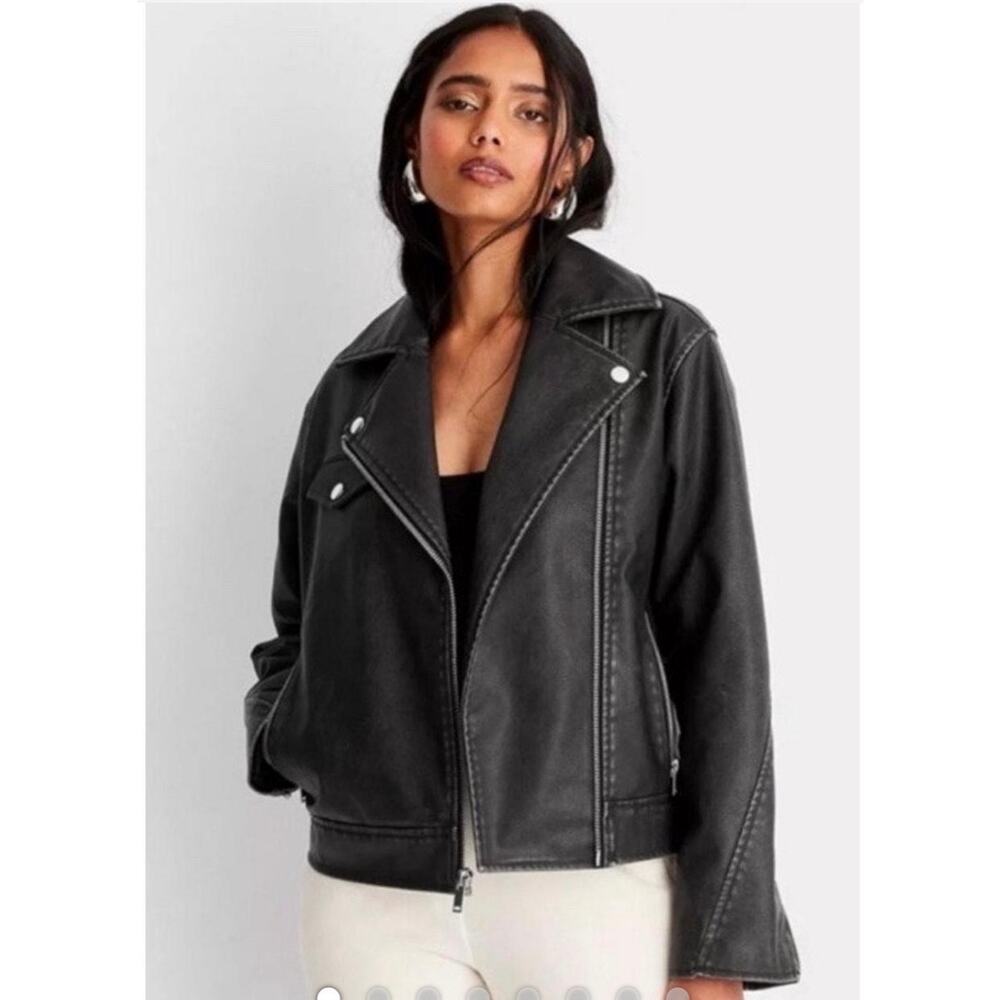 NWT universal Thread Black Vintage Wash Leather Biker Moto Jacket Large